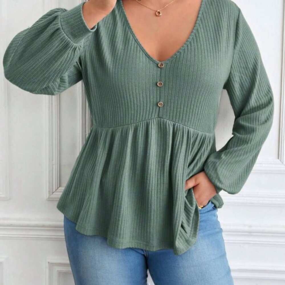 Shein Plus Ribbed Knit Long-Sleeve Peplum Shirt
